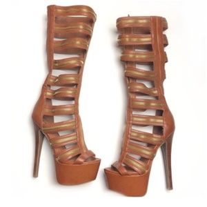 Bebe Brown Leather Gladiator Heeled Sandals